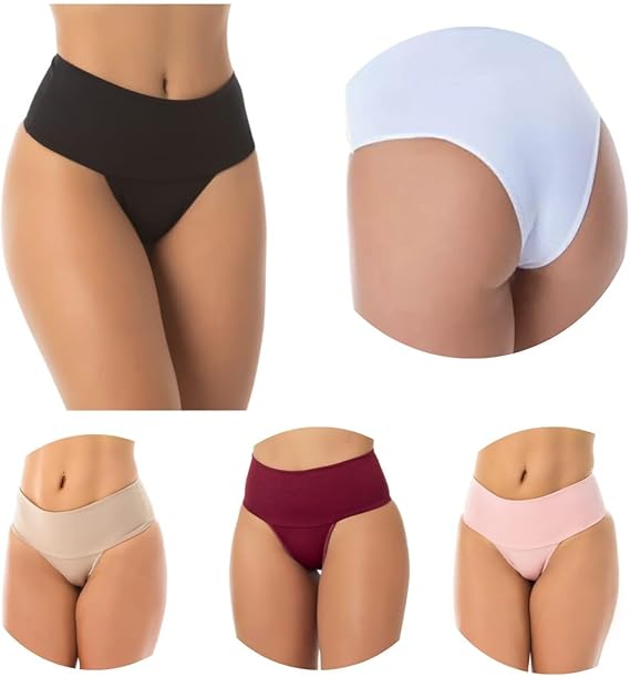 Kit com 5 Calcinhas Fitness Femininas Eva Lingerie: Cós alto duplo, compressão para barriga, conforto e estilo. Cores sortidas.